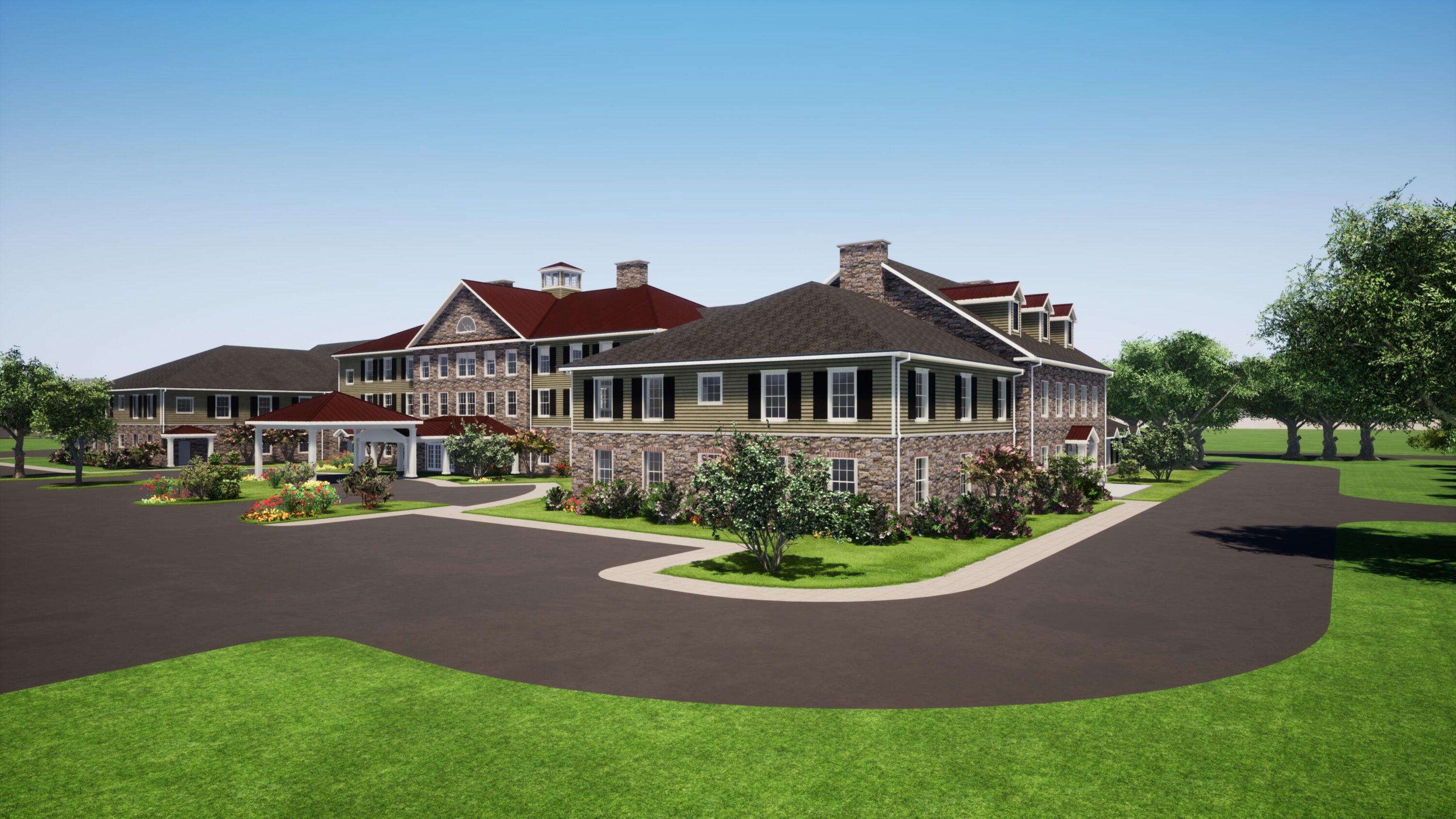 Large stone-clad senior living community with red roofs