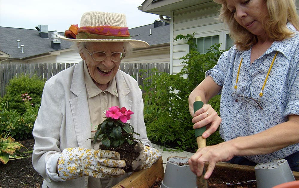 Elderly woman holding pink flower in garden