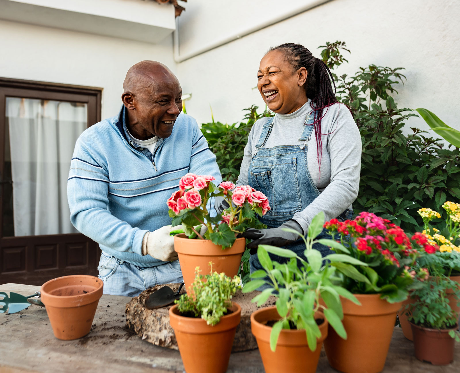 Smiling couple planting flowers in outdoor garden