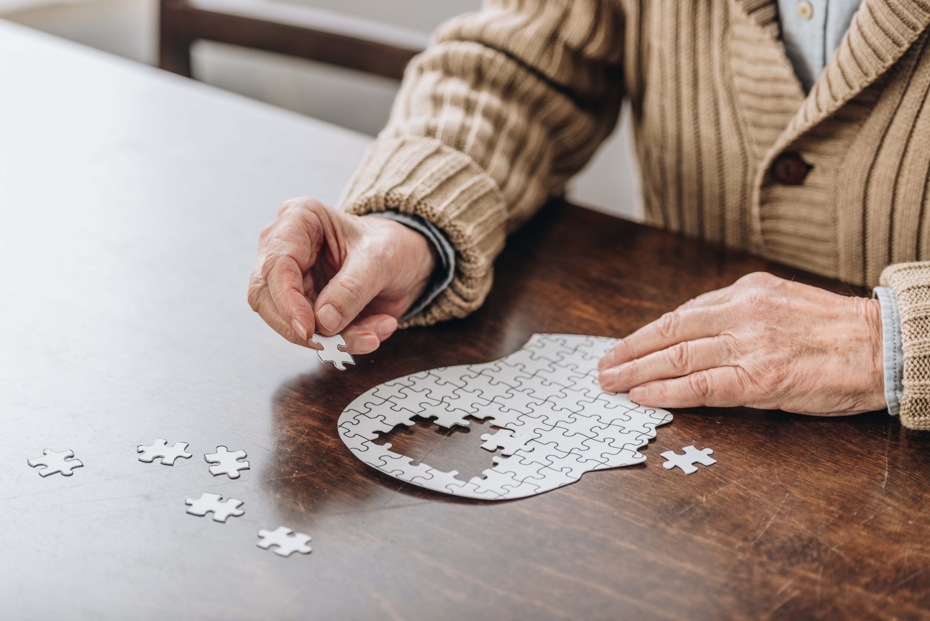 Elderly person assembling brain-shaped jigsaw puzzle